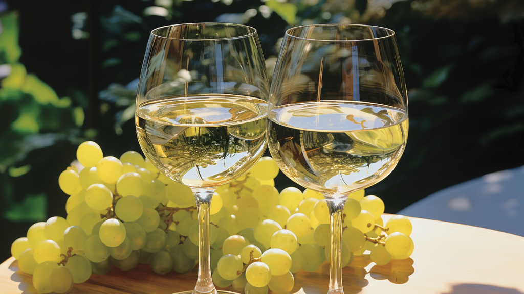 Zwei Gläser spanischer Weißwein mit grünen Trauben im Sonnenlicht – Erfrischender Weingenuss aus Rueda & Rías Baixas.