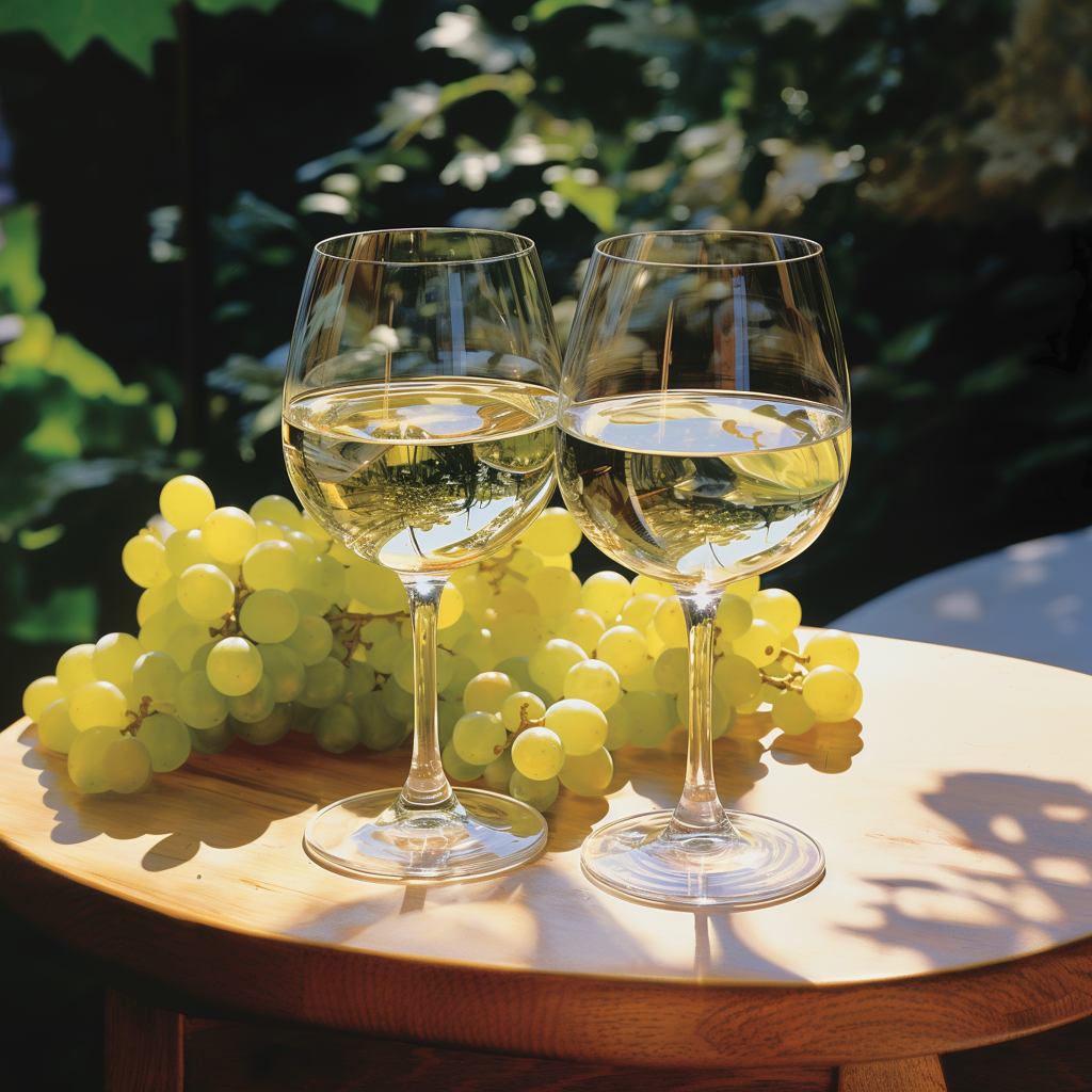 Zwei Gläser Weißwein mit hellen Trauben auf einem Holztisch